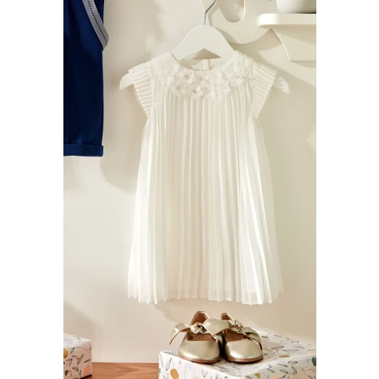 Mamas & Papas Newborn Girls White Pleated Dress 2 Mamas & Papas Newborn Girls White Pleated Dress